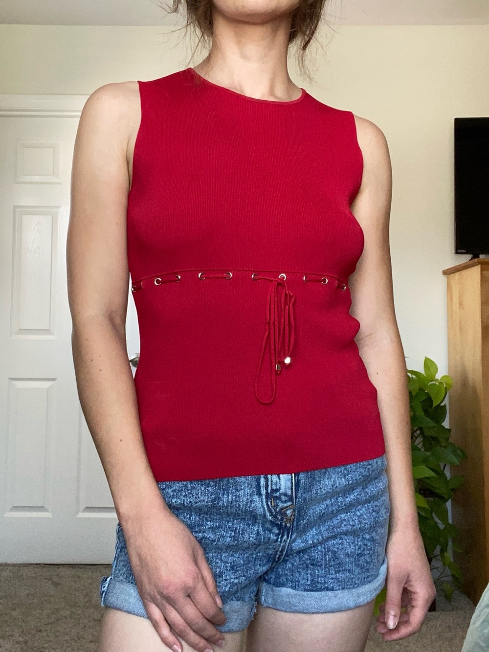 Bisou Jeans Red Ribbed Drawstring Tank